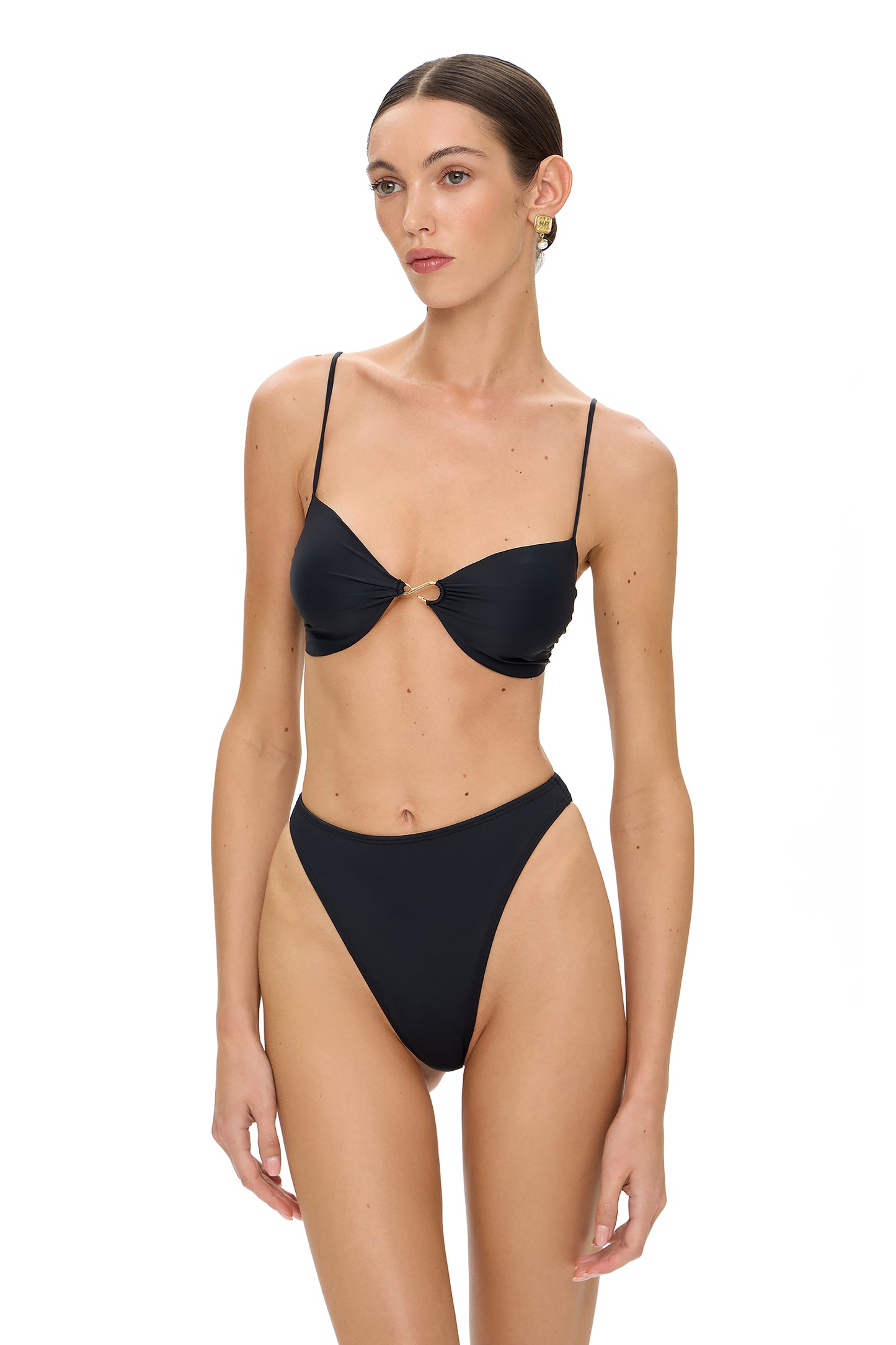 LYCRA BIKINI SET TOP AND BOTTOM METAL HOOK DECOR BLACK