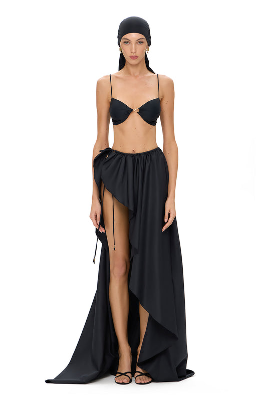 SUIT LYCRA TOP WITH SMALL METAL HOOK DECOR AND GATHERING SKIRT BLACK