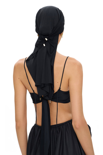 SUIT LYCRA TOP WITH SMALL METAL HOOK DECOR AND GATHERING SKIRT BLACK