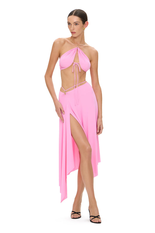 LYCRA SUIT TOP WITH METALLIC CHOKER AND ASYMMETRICAL SKIRT WITH HOOK PINK