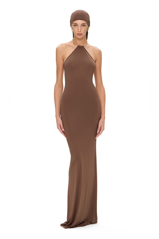 LYCRA MAXI DRESS METAL RING CHOCKER CHOCOLATE