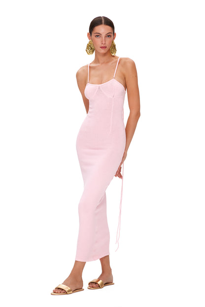 KNITTED MAXI DRESS WITH THIN LONG STRAPS AND HIGHLIGHTED BRA