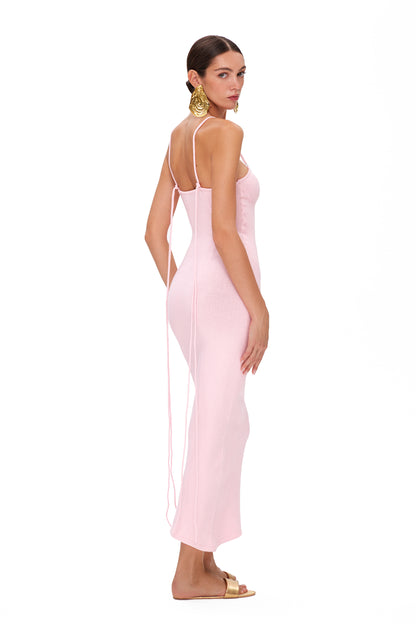 KNITTED MAXI DRESS WITH THIN LONG STRAPS AND HIGHLIGHTED BRA