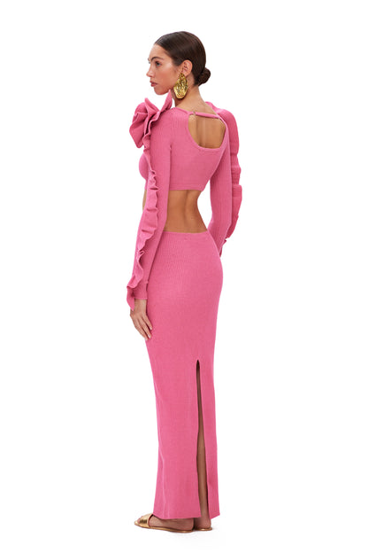 KNITTED COUTURE TOP LONG SLEEVES WITH FLOWER DECOR ON THE SHOULDERS