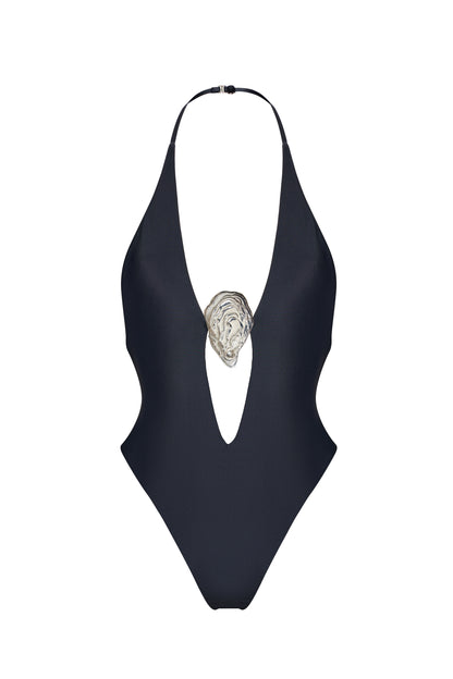 LYCRA ONE PIECE SWIMSUIT WITH METAL SHELL DECOR BLACK