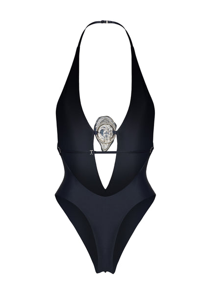 LYCRA ONE PIECE SWIMSUIT WITH METAL SHELL DECOR BLACK