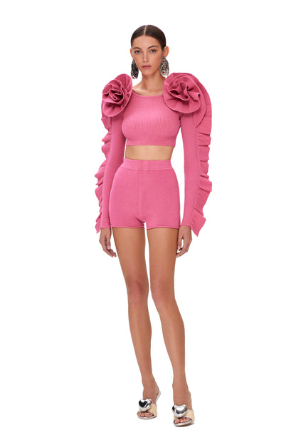 KNITTED COUTURE TOP LONG SLEEVES WITH FLOWER DECOR ON THE SHOULDERS