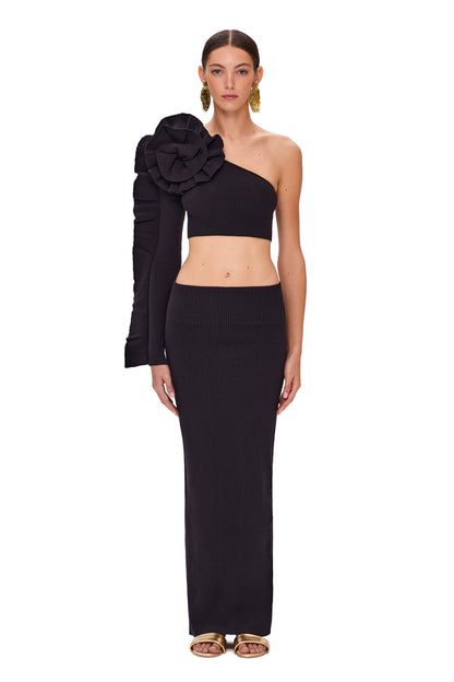 KNITTED ASYMMETRIC COUTURE TOP WITH LONG SLEEVE AND FLOWER DECOR