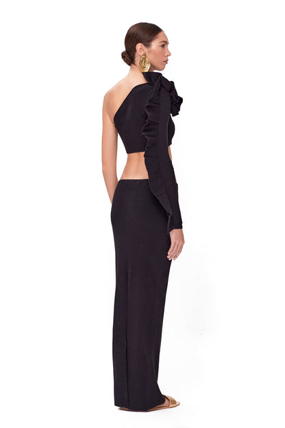 KNITTED ASYMMETRIC COUTURE TOP WITH LONG SLEEVE AND FLOWER DECOR
