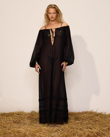 COTTON THIN MAXI DRESS WITH BALLOON SLEEVES AND DEEP FRONT TIE NECKLINE BLACK