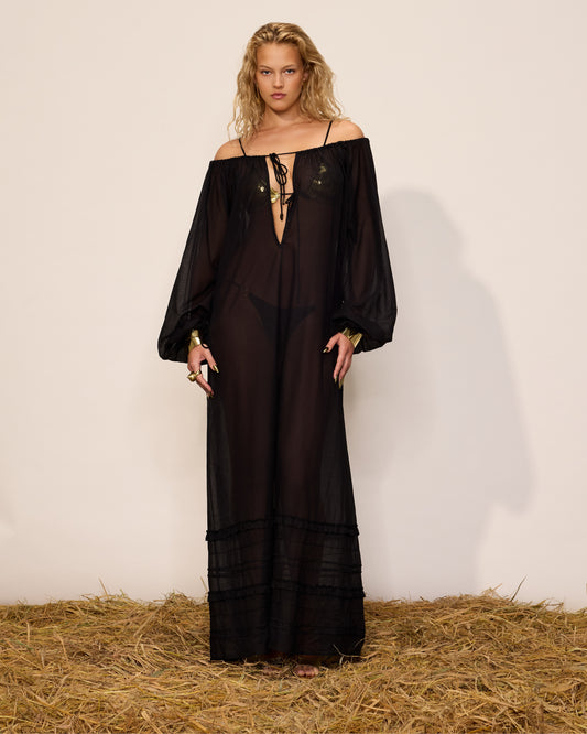 COTTON THIN MAXI DRESS WITH BALLOON SLEEVES AND DEEP FRONT TIE NECKLINE BLACK