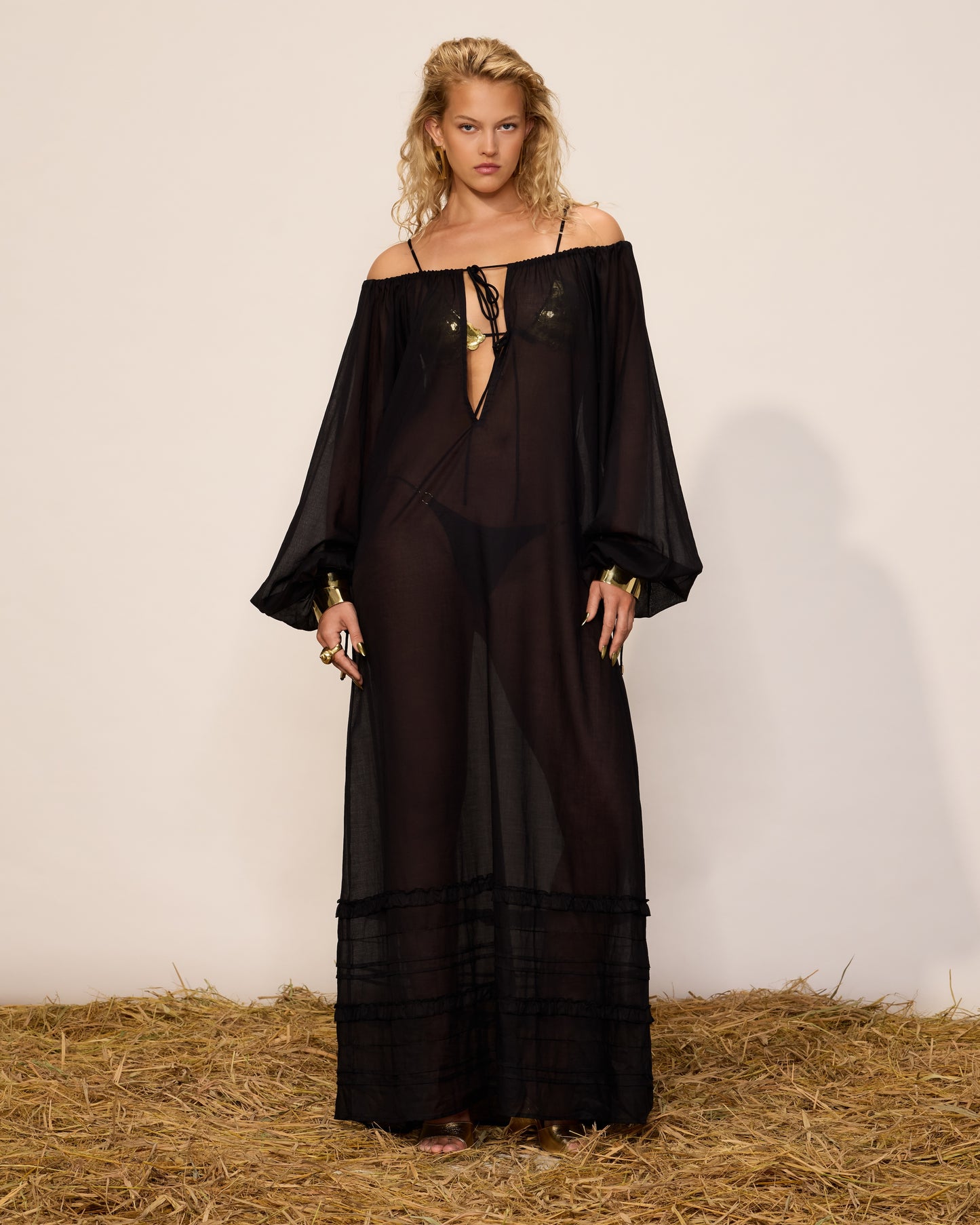 COTTON THIN MAXI DRESS WITH BALLOON SLEEVES AND DEEP FRONT TIE NECKLINE BLACK