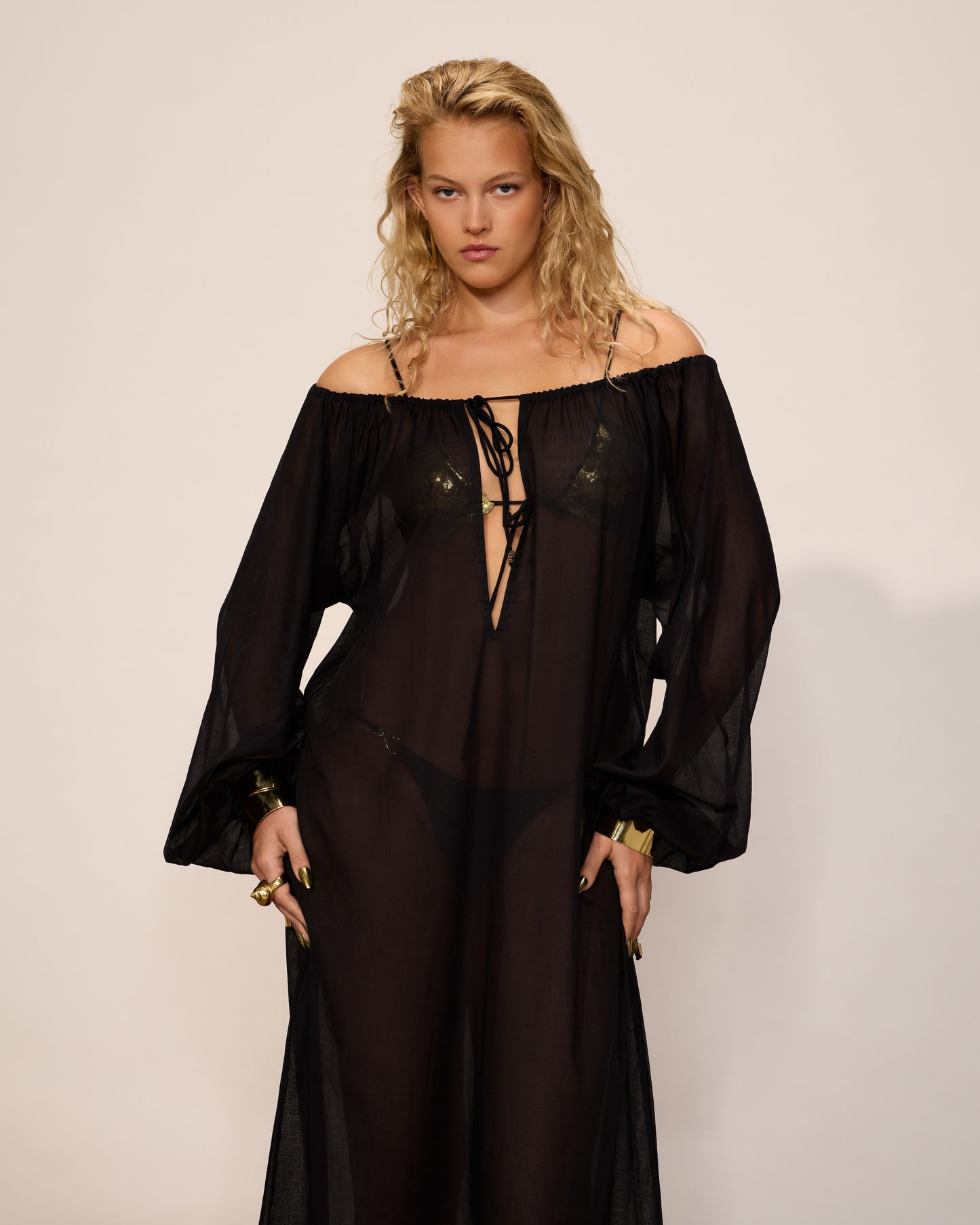 COTTON THIN MAXI DRESS WITH BALLOON SLEEVES AND DEEP FRONT TIE NECKLINE BLACK