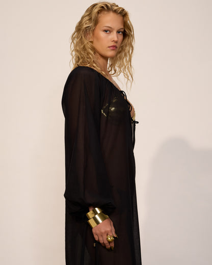 COTTON THIN MAXI DRESS WITH BALLOON SLEEVES AND DEEP FRONT TIE NECKLINE BLACK