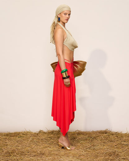 KNITTED TOP WITH DEEP DRAPED NECKLINE WITH BIG METAL HOOK DECOR COLOR CHAMPAGNE