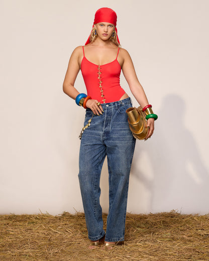 JERSEY COUTURE BODYSUIT WITH SMALL METAL HOOKS DECOR COLOR RED