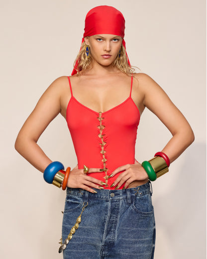 JERSEY COUTURE BODYSUIT WITH SMALL METAL HOOKS DECOR COLOR RED