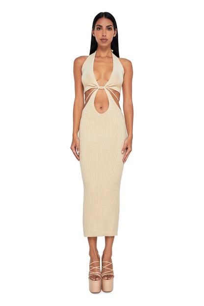 KNITTED MAXI DRESS WITH TIED TOP AND BACK SLIT