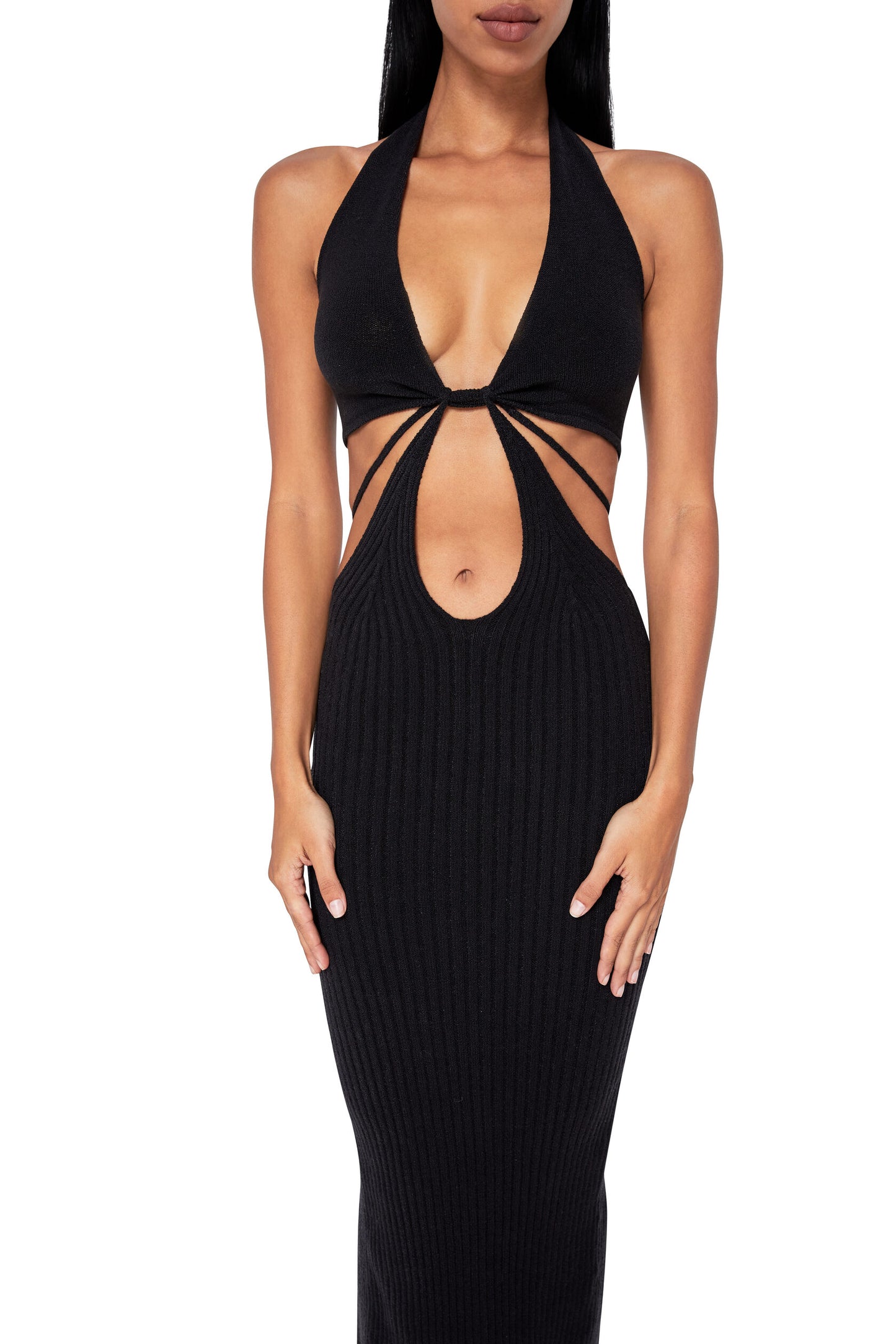KNITTED MAXI DRESS WITH TIED TOP AND BACK SLIT