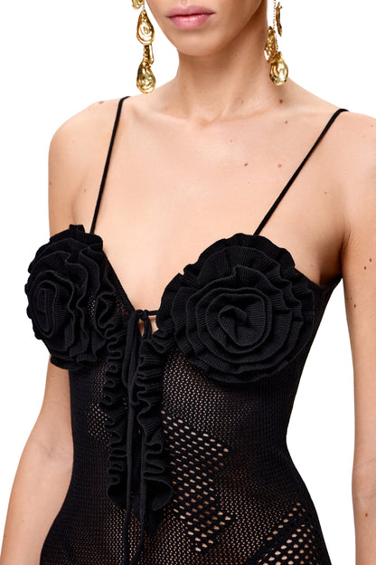 KNITTED COUTURE MAXI DRESS WITH FLORAL BUST COLOR BLACK