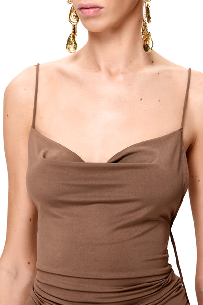 LYCRA STRAPPY DRESS WITH BACK GATHERING COLOR CHOCOLATE