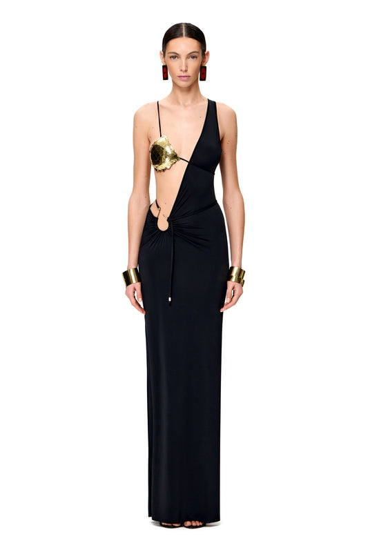 LYCRA COUTURE ASYMMETRICAL MAXI DRESS WITH HANDMADE METAL BRA COLOR BLACK