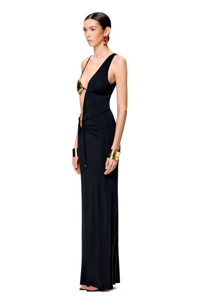 LYCRA COUTURE ASYMMETRICAL MAXI DRESS WITH HANDMADE METAL BODY DECOR COLOR BLACK