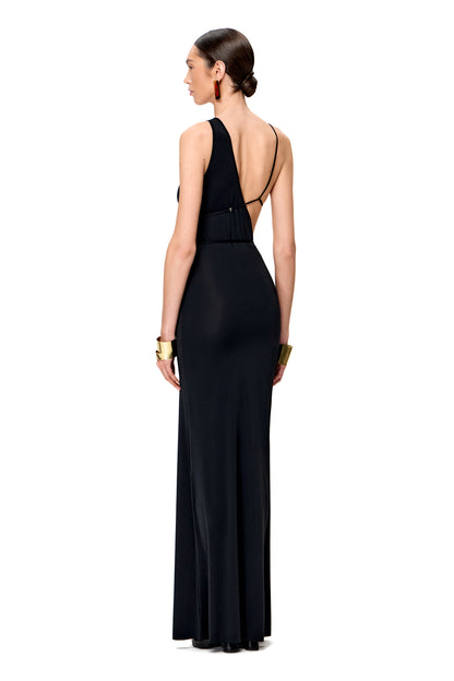 LYCRA COUTURE ASYMMETRICAL MAXI DRESS WITH HANDMADE METAL BODY DECOR COLOR BLACK