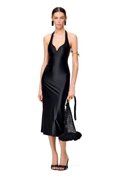 JERSEY THIN MIDI DRESS SECOND SKIN WITH SOFT METALLIC SHEEN AND V-NECKLINE COLOR BLACK