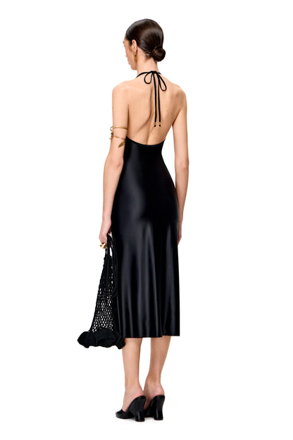 JERSEY THIN MIDI DRESS SECOND SKIN WITH SOFT METALLIC SHEEN AND V-NECKLINE COLOR BLACK