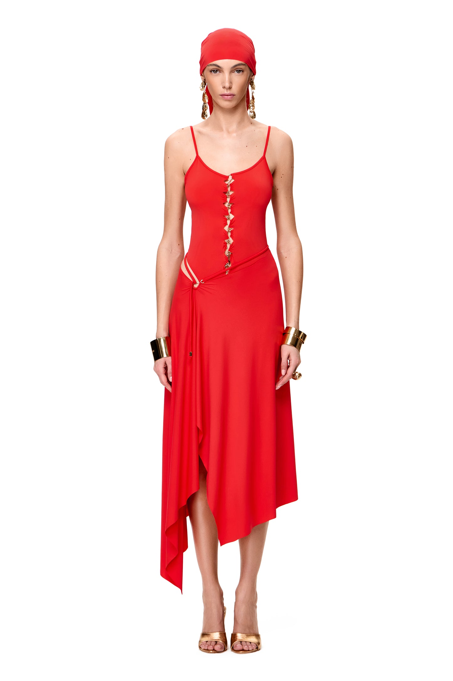 JERSEY ASYMMETRICAL SKIRT WITH SMALL METAL HOOK DECOR COLOR RED