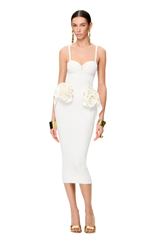 KNITTED MIDI COUTURE DRESS WITH FLOWER HIPS DECOR COLOR WHITE