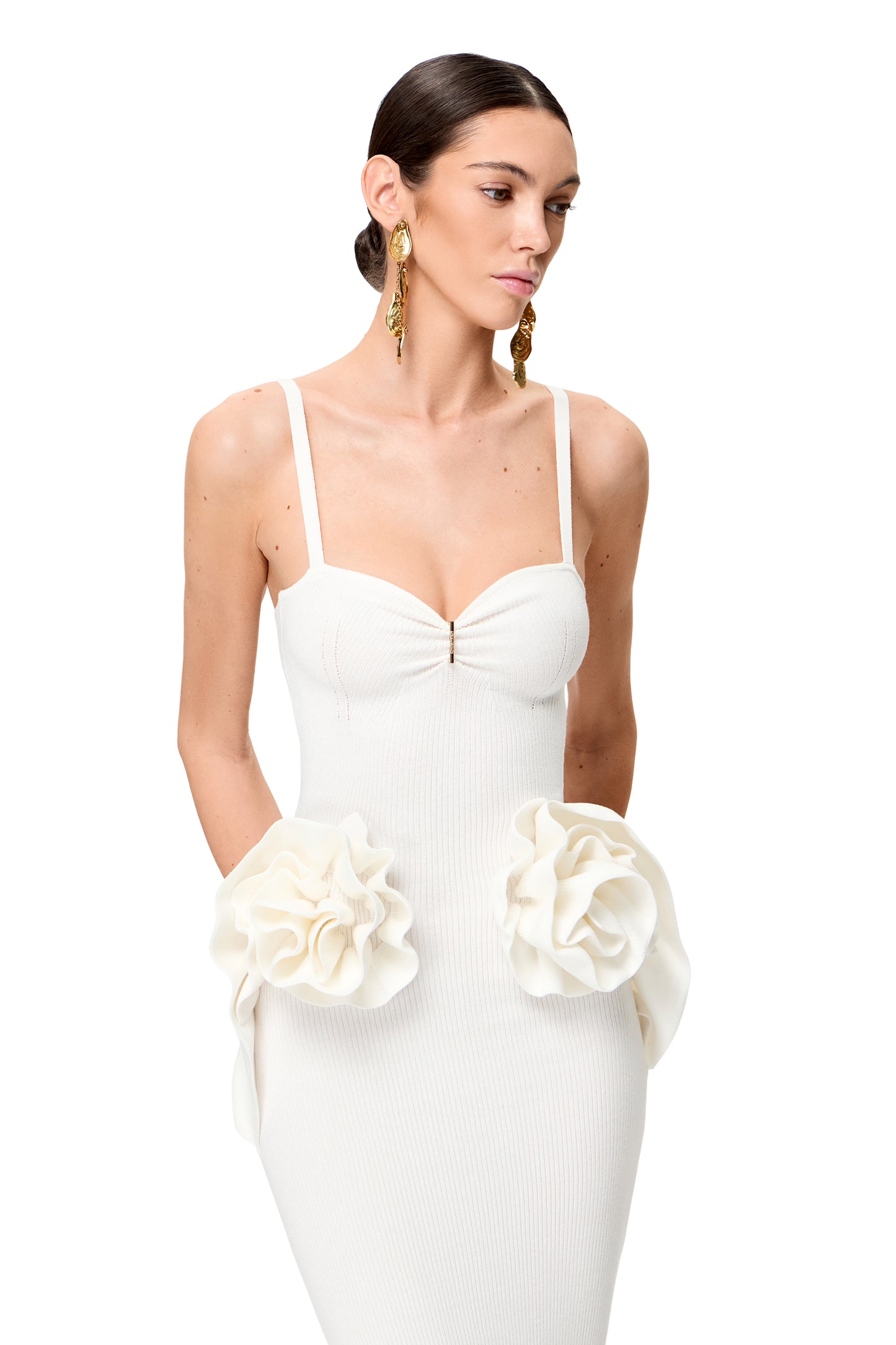 KNITTED MIDI COUTURE DRESS WITH FLOWER HIPS DECOR COLOR WHITE