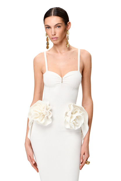 KNITTED MIDI COUTURE DRESS WITH FLOWER HIPS DECOR COLOR WHITE