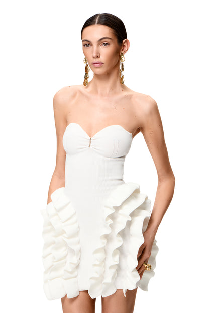 KNITTED COUTURE MINI DRESS WITH OPEN SHOULDERS AND RUFFLES ON HIPS "WHITE PEONY"