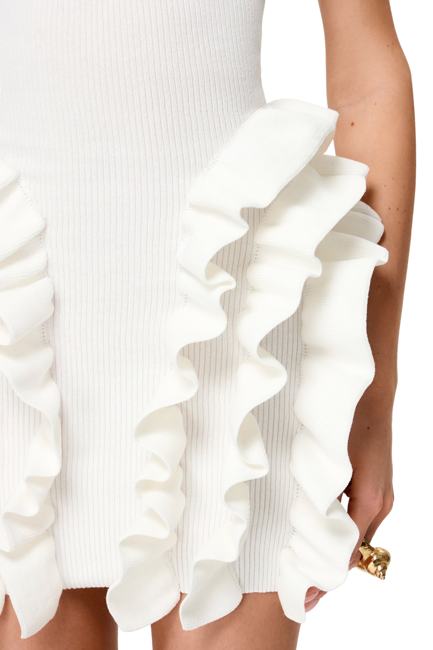 KNITTED COUTURE MINI DRESS WITH OPEN SHOULDERS AND RUFFLES ON HIPS "WHITE PEONY"