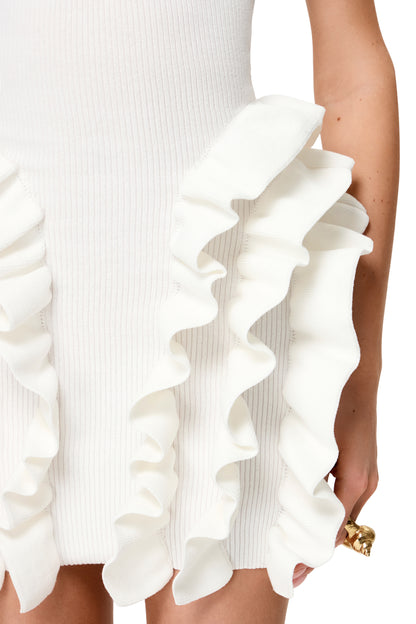 KNITTED COUTURE MINI DRESS WITH OPEN SHOULDERS AND RUFFLES ON HIPS "WHITE PEONY"