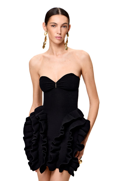KNITTED COUTURE MINI DRESS WITH OPEN SHOULDERS AND RUFFLES ON HIPS "BLACK PEONY"