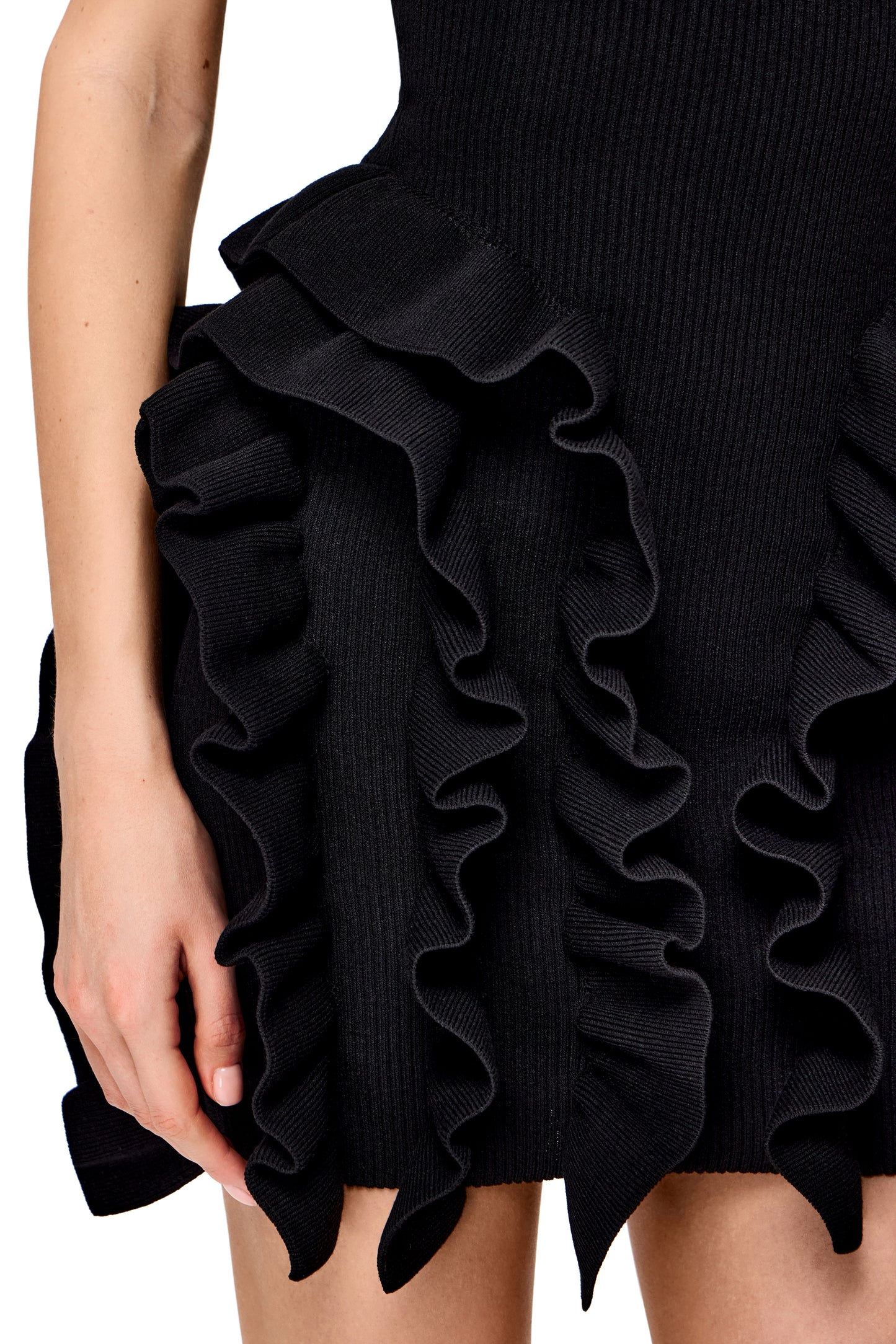 KNITTED COUTURE MINI DRESS WITH OPEN SHOULDERS AND RUFFLES ON HIPS "BLACK PEONY"