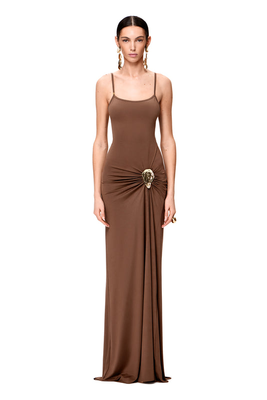 LYCRA MAXI DRESS WITH HIGH SLIT AND METAL SHELL DECOR COLOR CHOCOLATE
