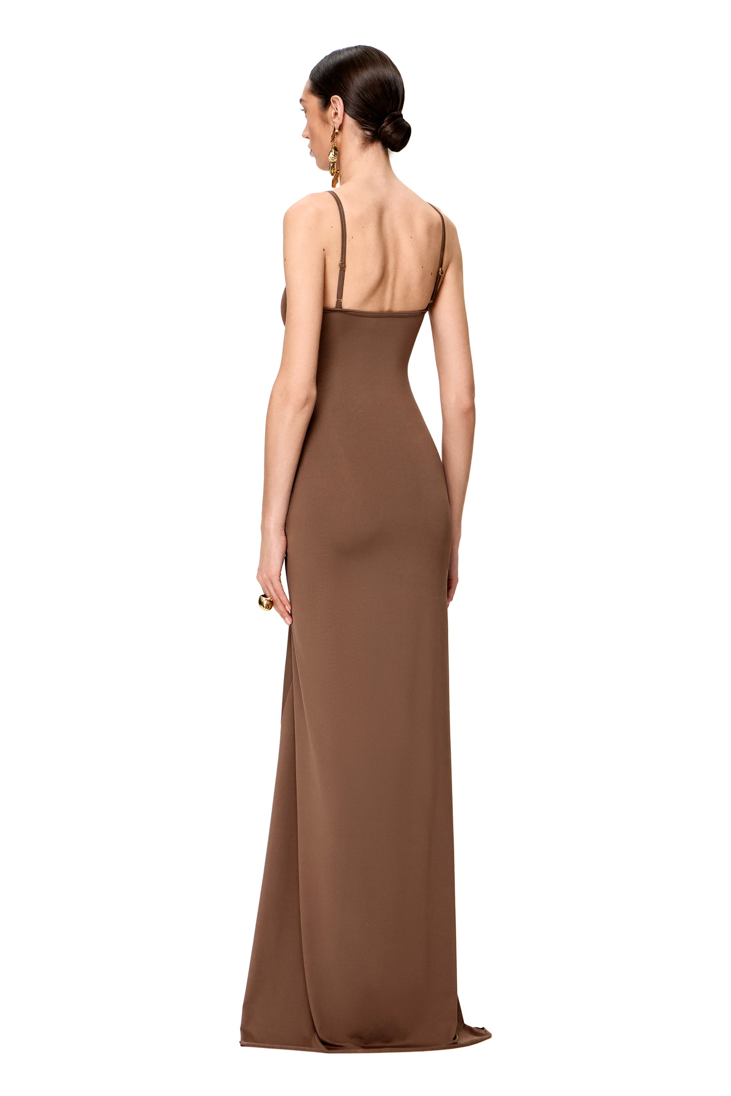 LYCRA MAXI DRESS WITH HIGH SLIT AND METAL SHELL DECOR COLOR CHOCOLATE