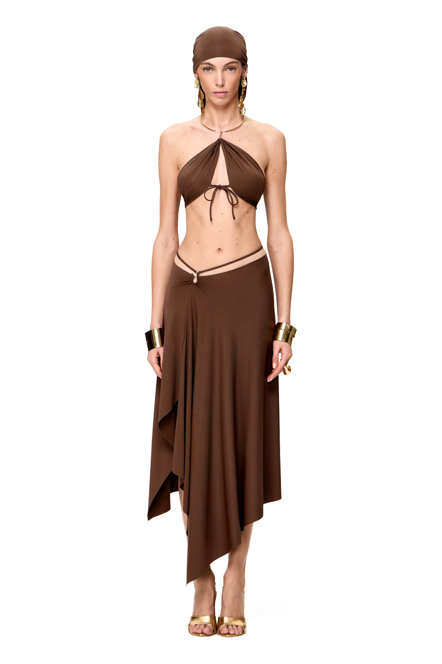 LYCRA DRESS METAL CHOKER AND ASYMMETRICAL BOTTOM WITH HOOK COLOR CHOCOLATE