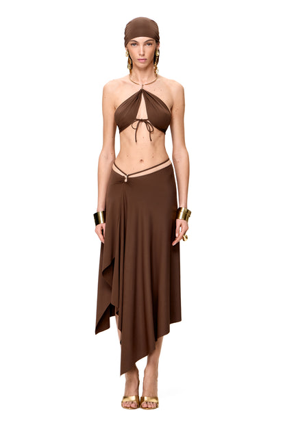 LYCRA DRESS METAL CHOKER AND ASYMMETRICAL BOTTOM WITH HOOK COLOR CHOCOLATE