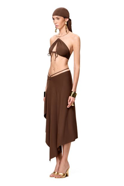 LYCRA DRESS METAL CHOKER AND ASYMMETRICAL BOTTOM WITH HOOK COLOR CHOCOLATE