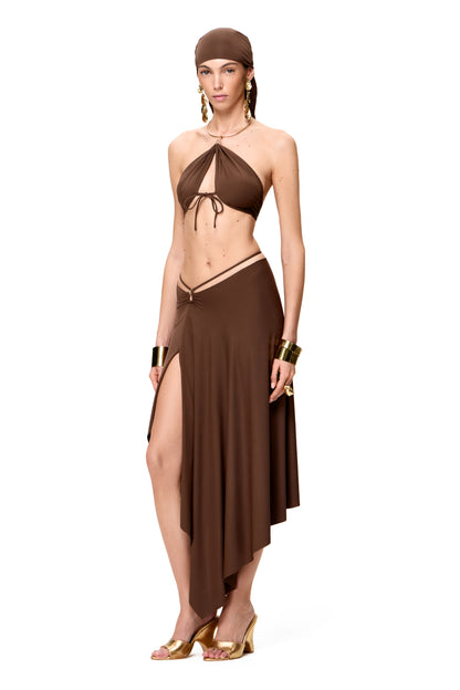LYCRA DRESS METAL CHOKER AND ASYMMETRICAL BOTTOM WITH HOOK COLOR CHOCOLATE