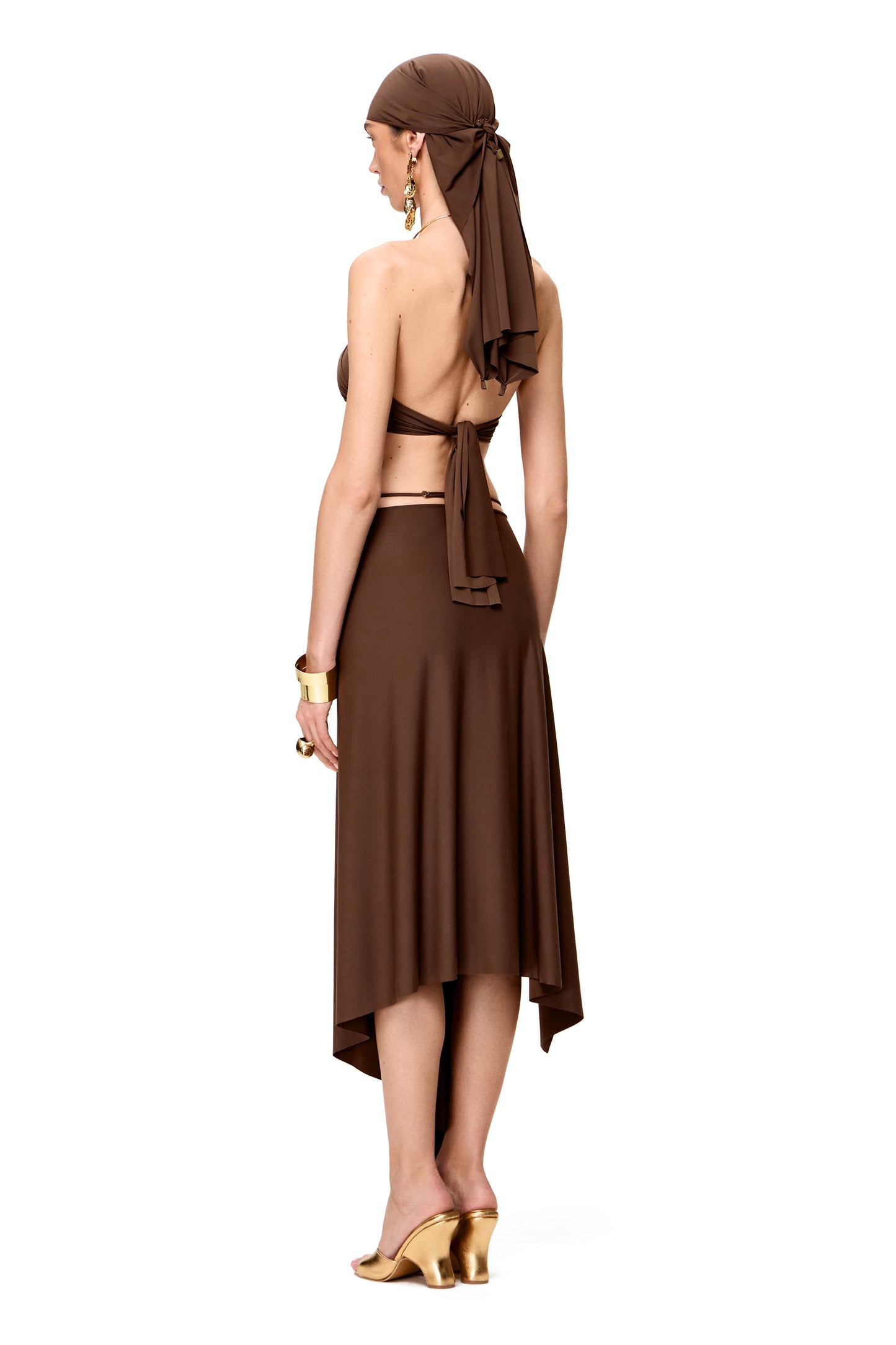 LYCRA DRESS METAL CHOKER AND ASYMMETRICAL BOTTOM WITH HOOK COLOR CHOCOLATE