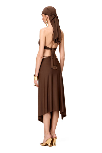 LYCRA DRESS METAL CHOKER AND ASYMMETRICAL BOTTOM WITH HOOK COLOR CHOCOLATE