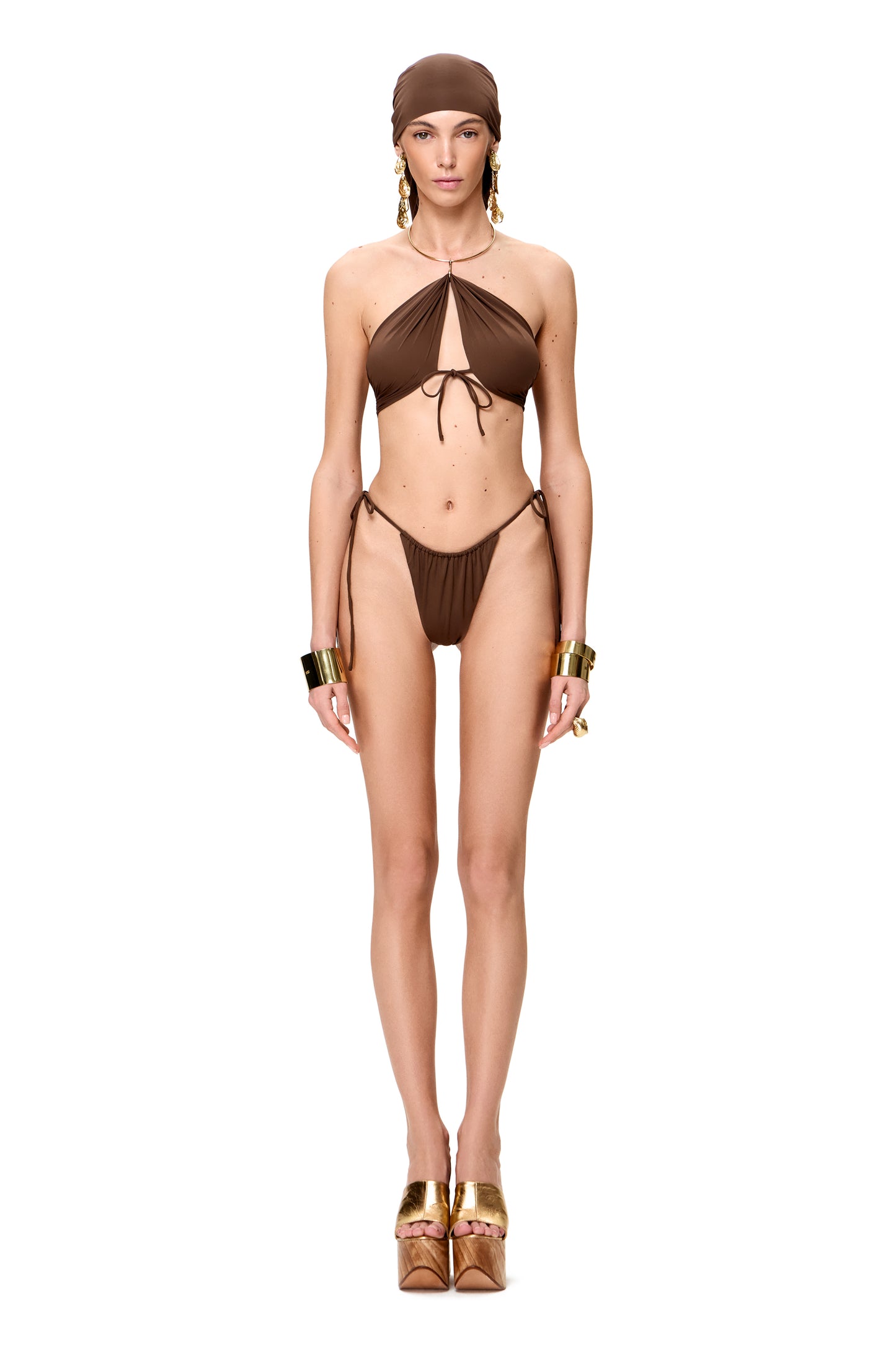 LYCRA BIKINI SET TOP WITH METAL CHOCKER AND BOTTOM COLOR CHOCOLATE
