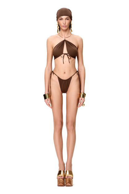 LYCRA BIKINI SET TOP WITH METAL CHOCKER AND BOTTOM COLOR CHOCOLATE