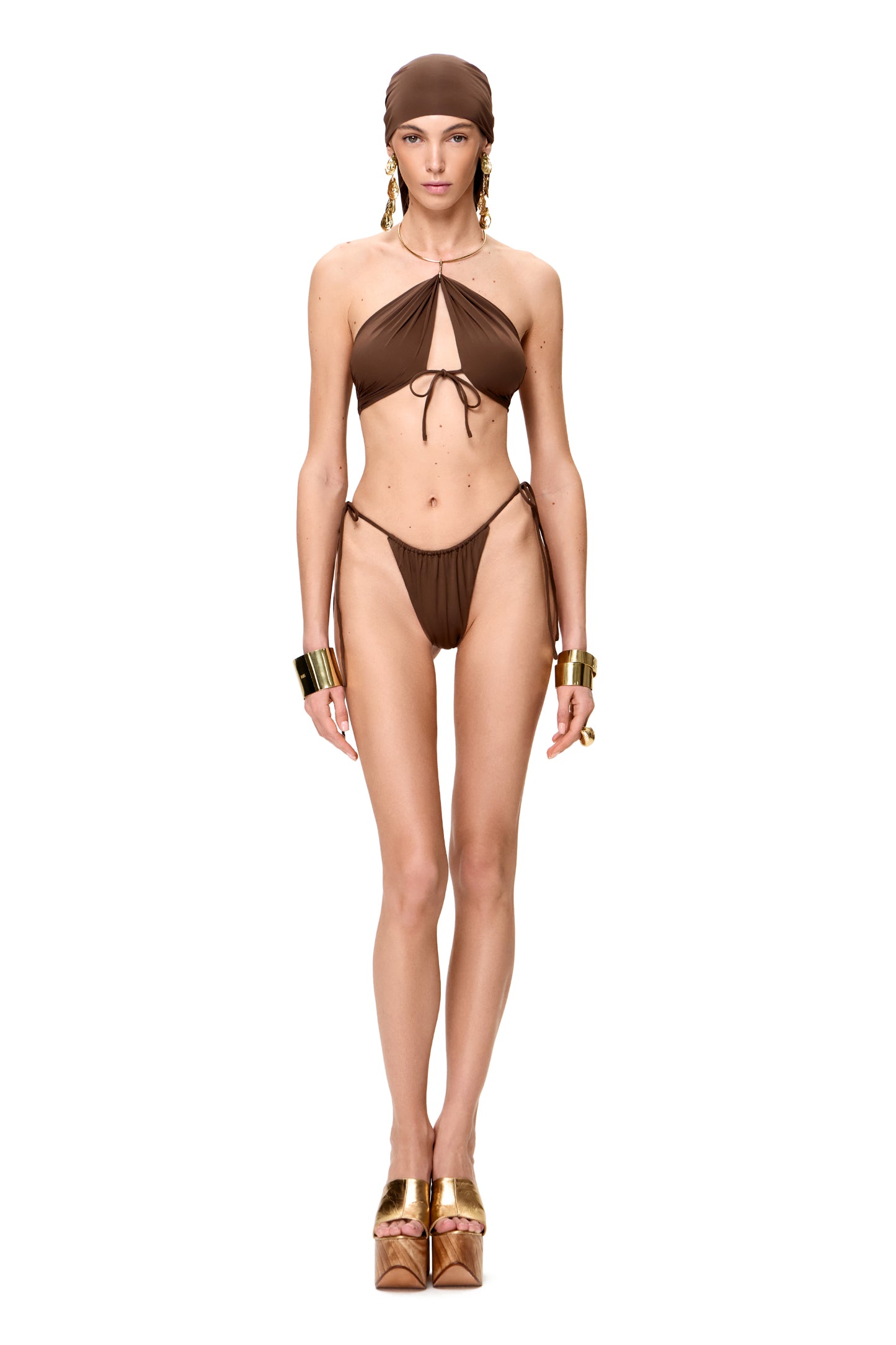 LYCRA BIKINI SET TOP WITH METAL CHOCKER AND BOTTOM COLOR CHOCOLATE